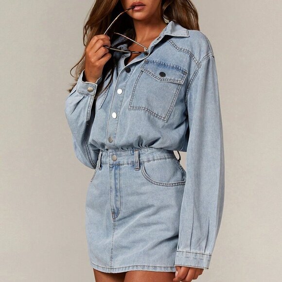 Blue Women's Denim Button Up Longsleeve Mini Dress - Picture 3 of 5